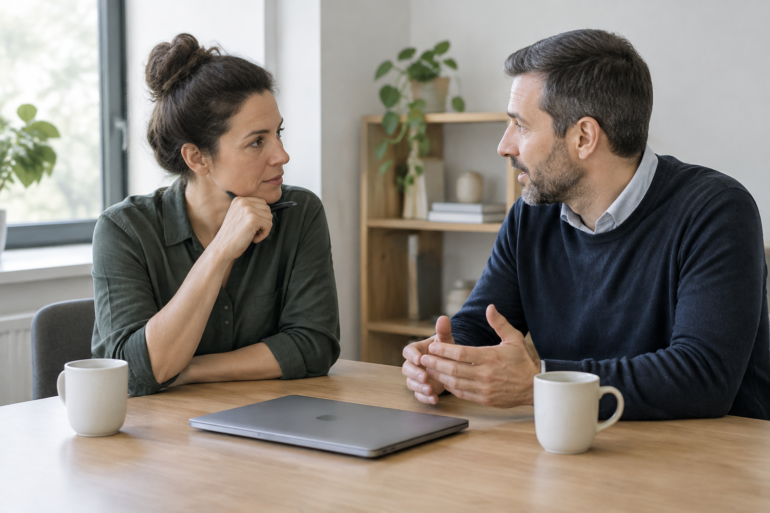A business owner and colleague discussing approval before an automated research task.