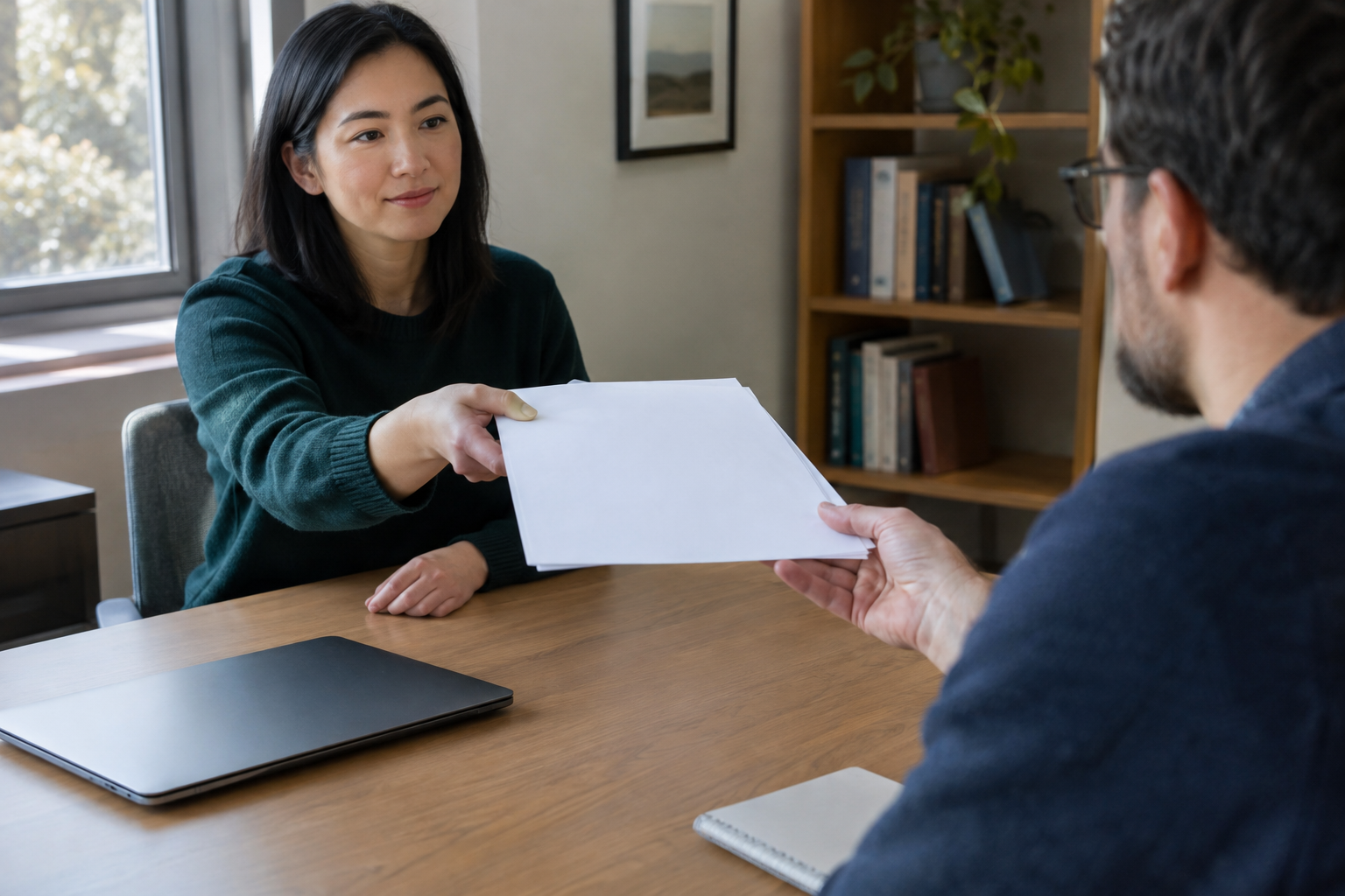 A researcher handing work to a colleague for review before outreach.