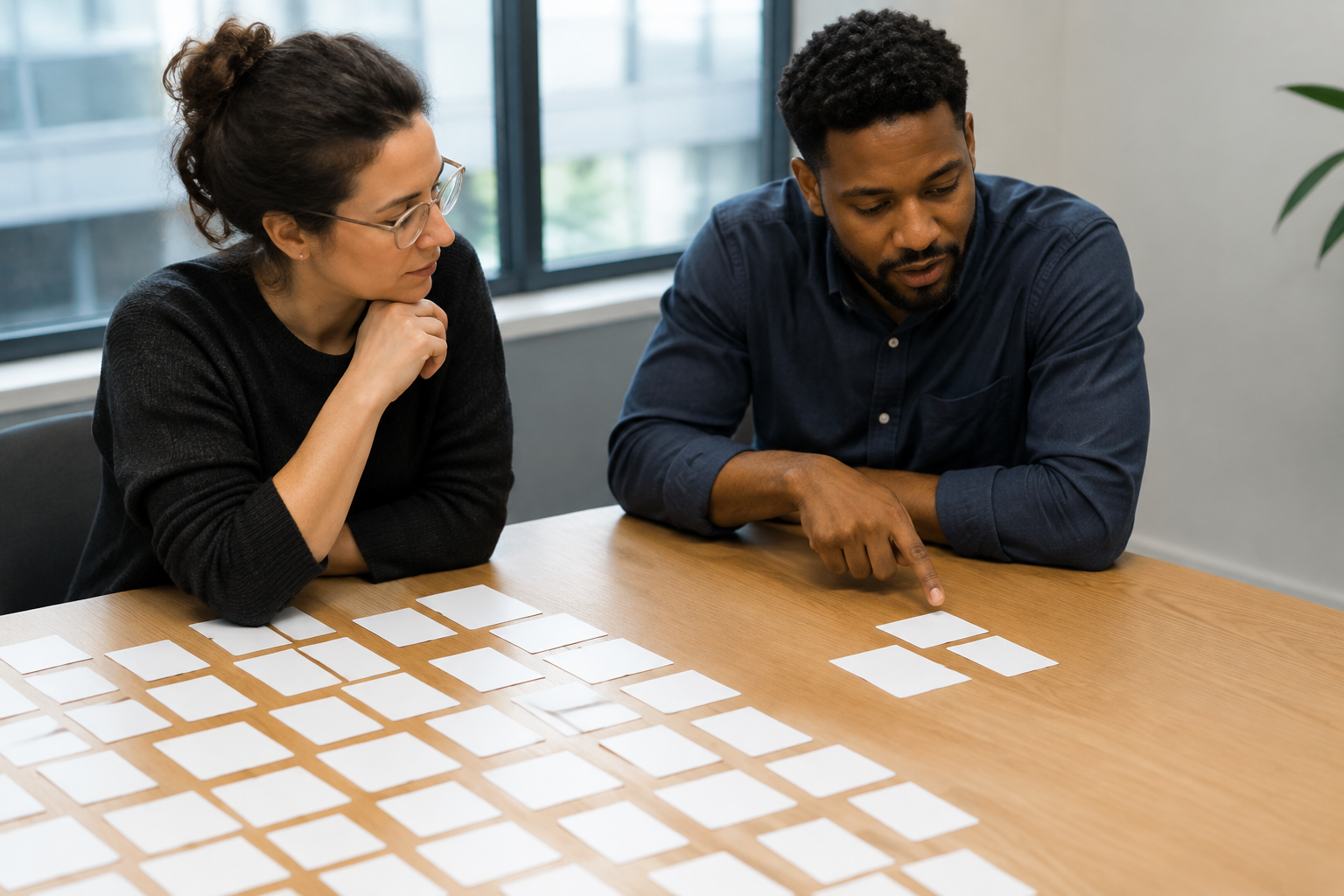 Colleagues reviewing a small selection of blank cards beside a broader group.