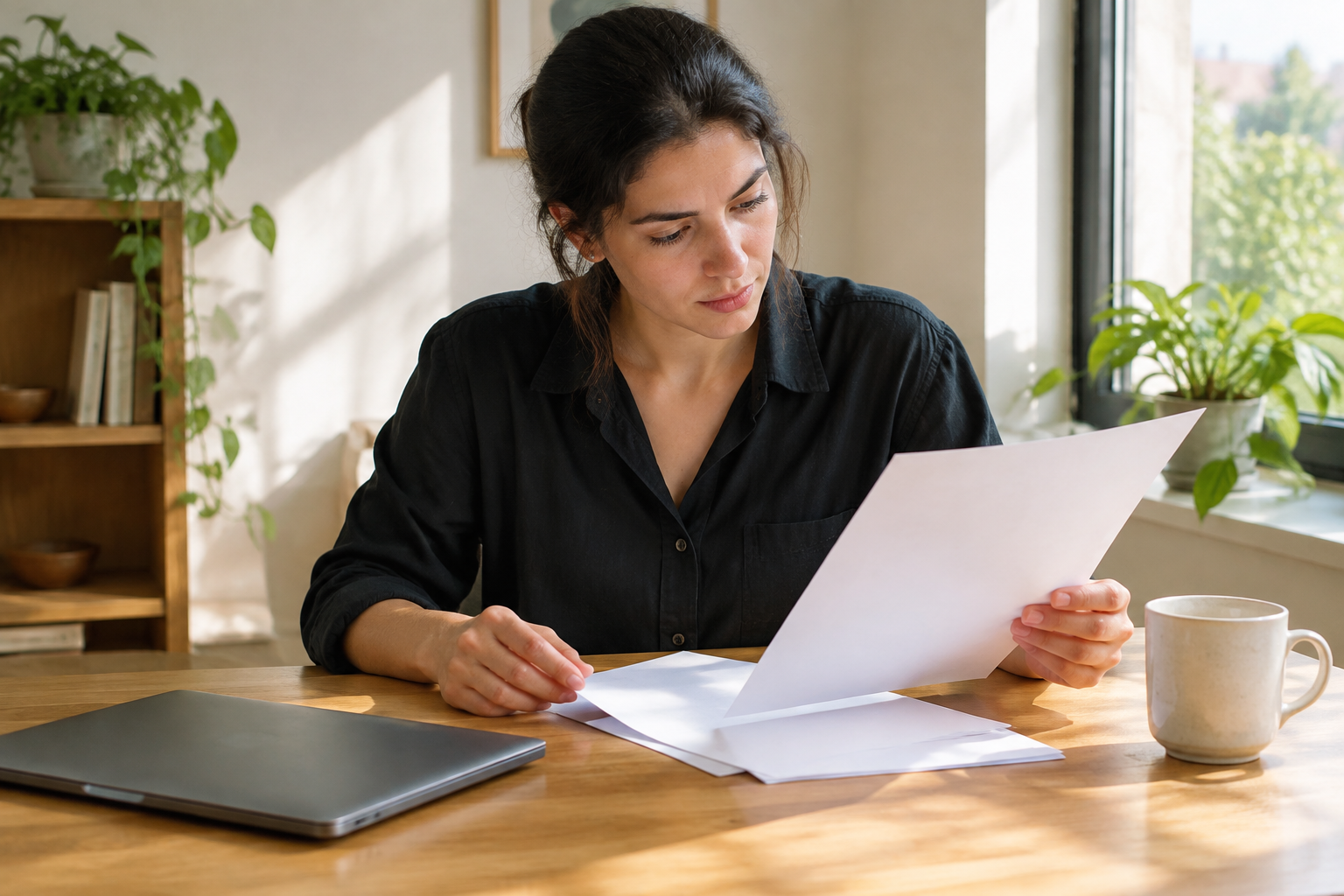 Professional reviewing materials at a desk before proceeding with a task.