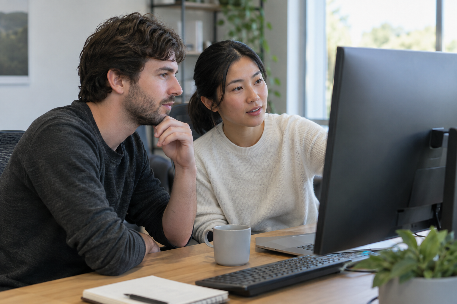 A developer and colleague reviewing an API workflow at a desk.