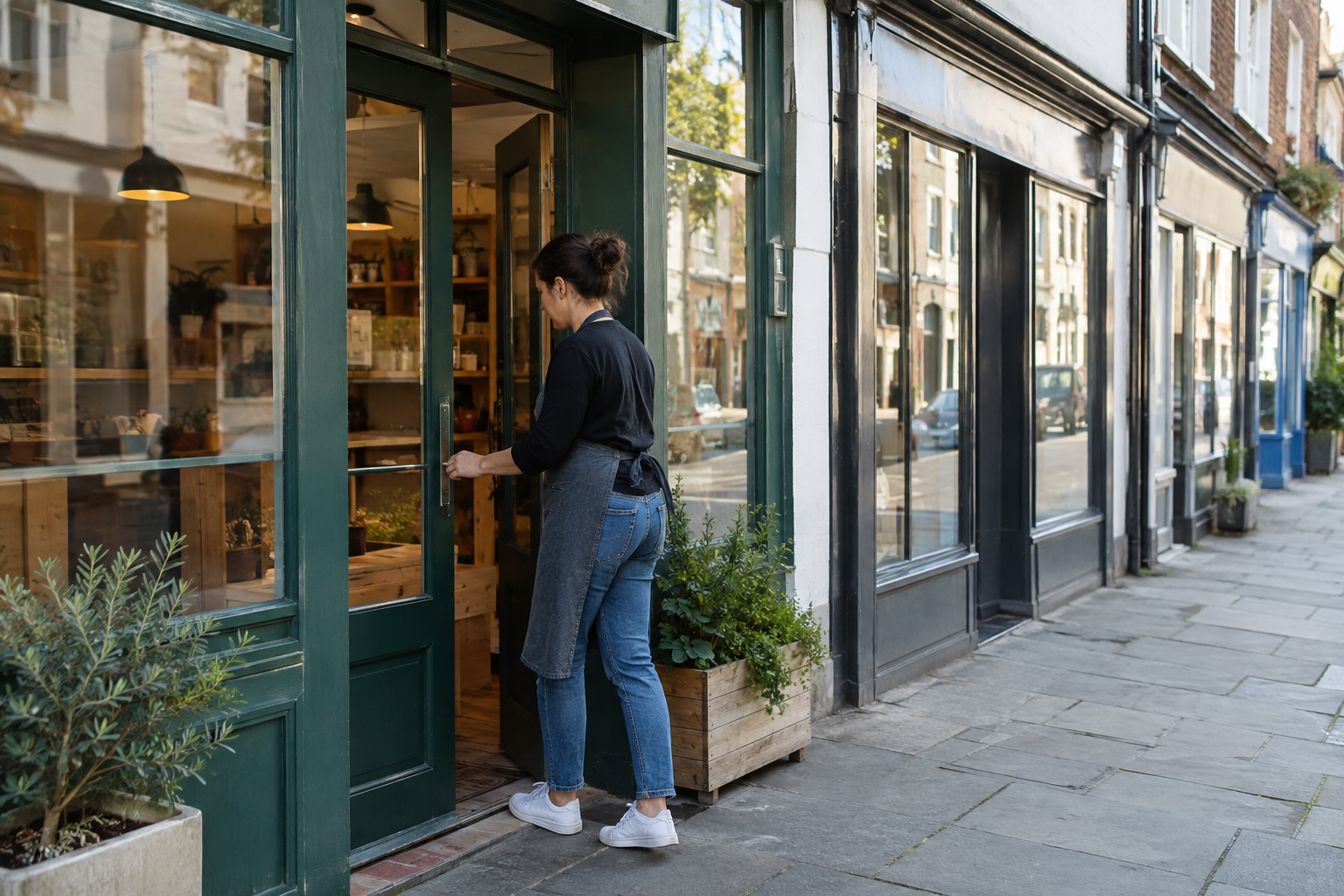 A business owner opening a neighborhood shop beside other local businesses.