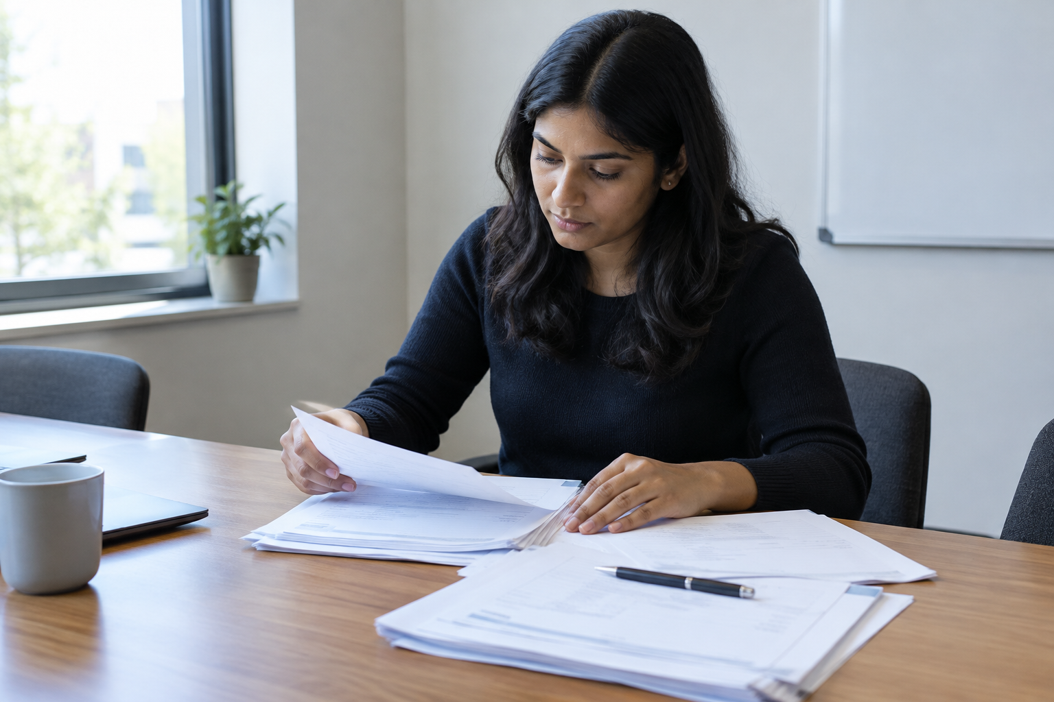 Team member reviewing printed invoices before approving a spending decision