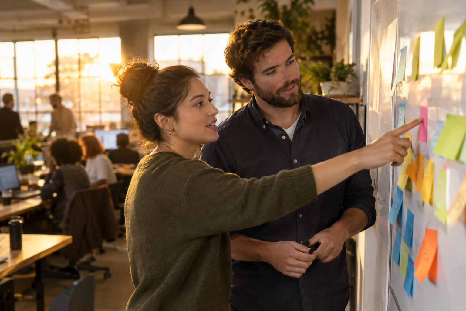 Two colleagues planning an outreach campaign at a whiteboard in an office