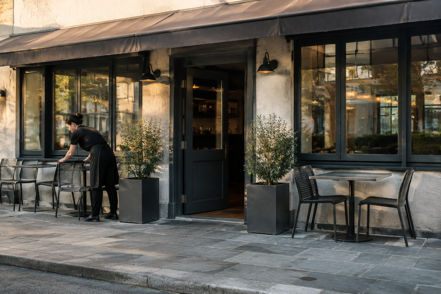 Restaurant staff member arranging outdoor seating before opening.