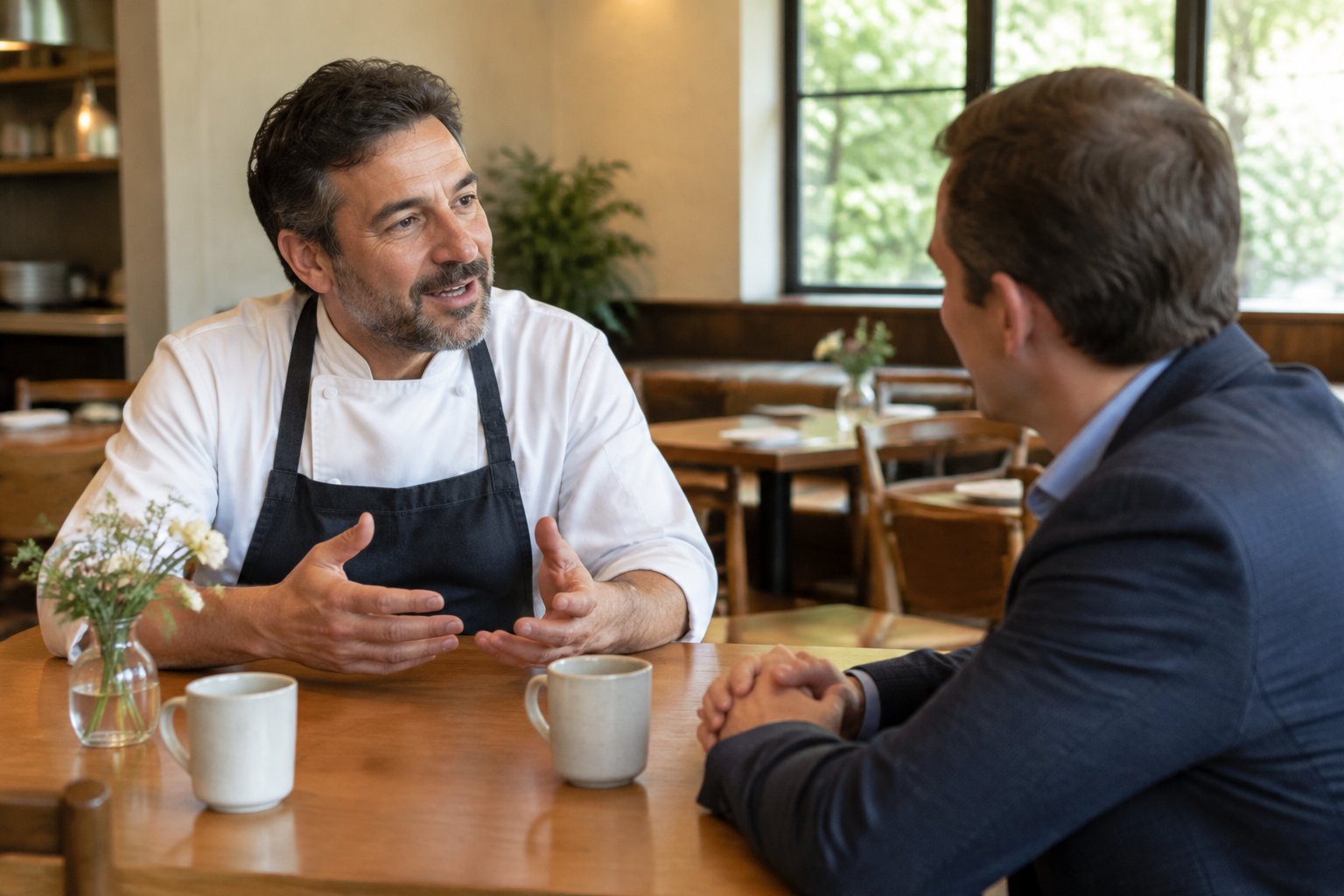 Restaurant proprietor speaking with a business professional in a dining room.