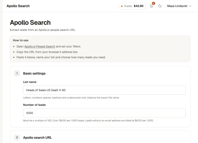 Evascrape dashboard, Apollo Search form with a list name, number of leads and the price per 1,000 leads