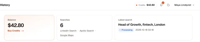 Evascrape dashboard showing the balance, the number of searches and the latest search with a Processing status