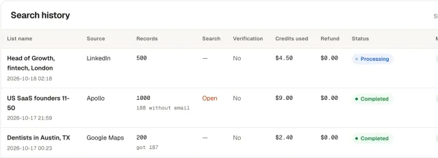Evascrape search history table with LinkedIn, Apollo and Google Maps jobs, credits used, refunds and status